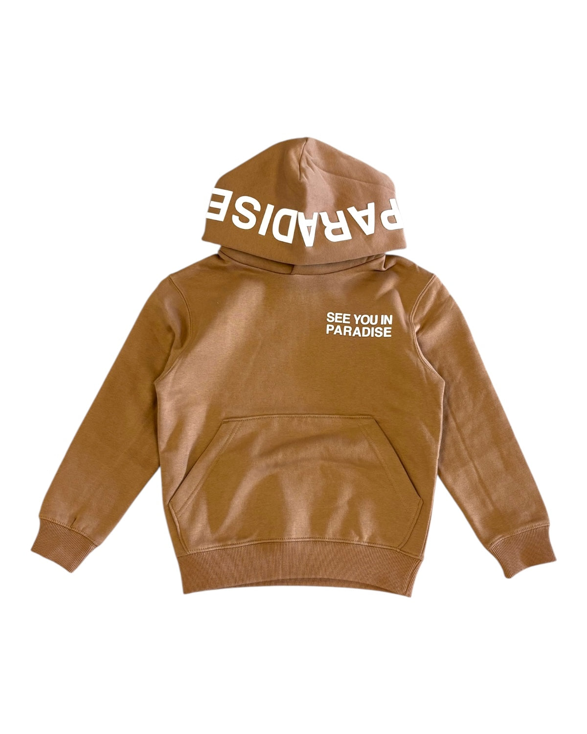 Brown hoodie with text on a white background