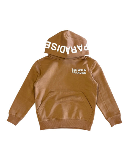 Brown hoodie with text on a white background
