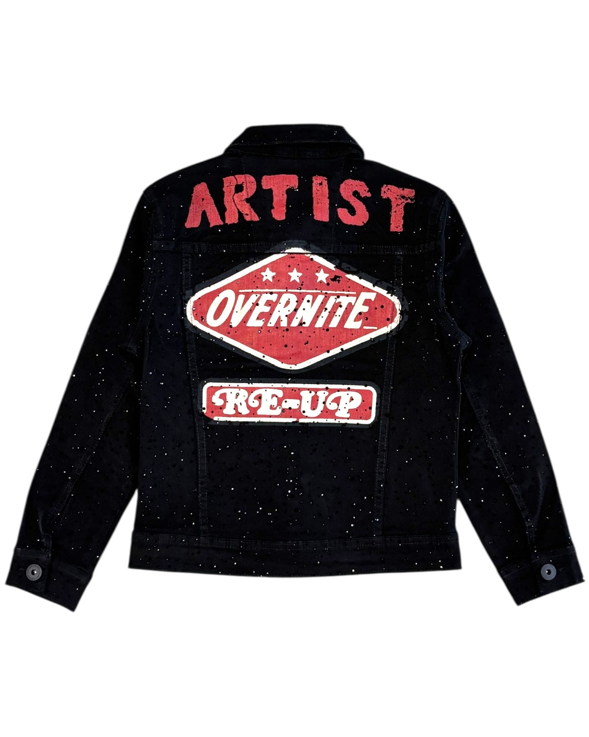 Black speckled jacket with red and white text on a white background