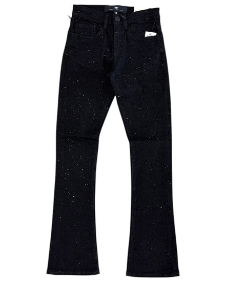 Black flared jeans on a white background