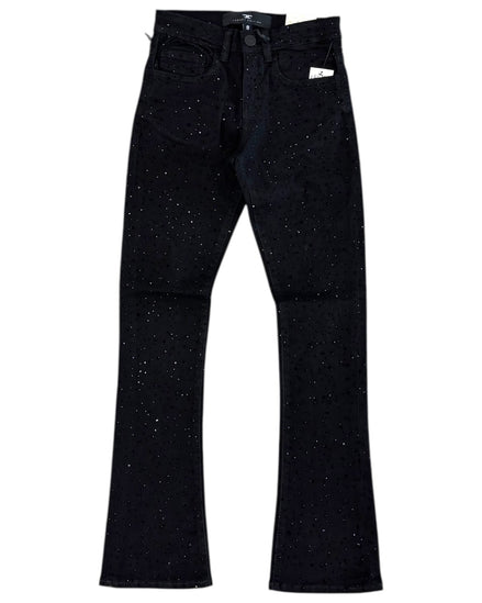 Black flared jeans on a white background
