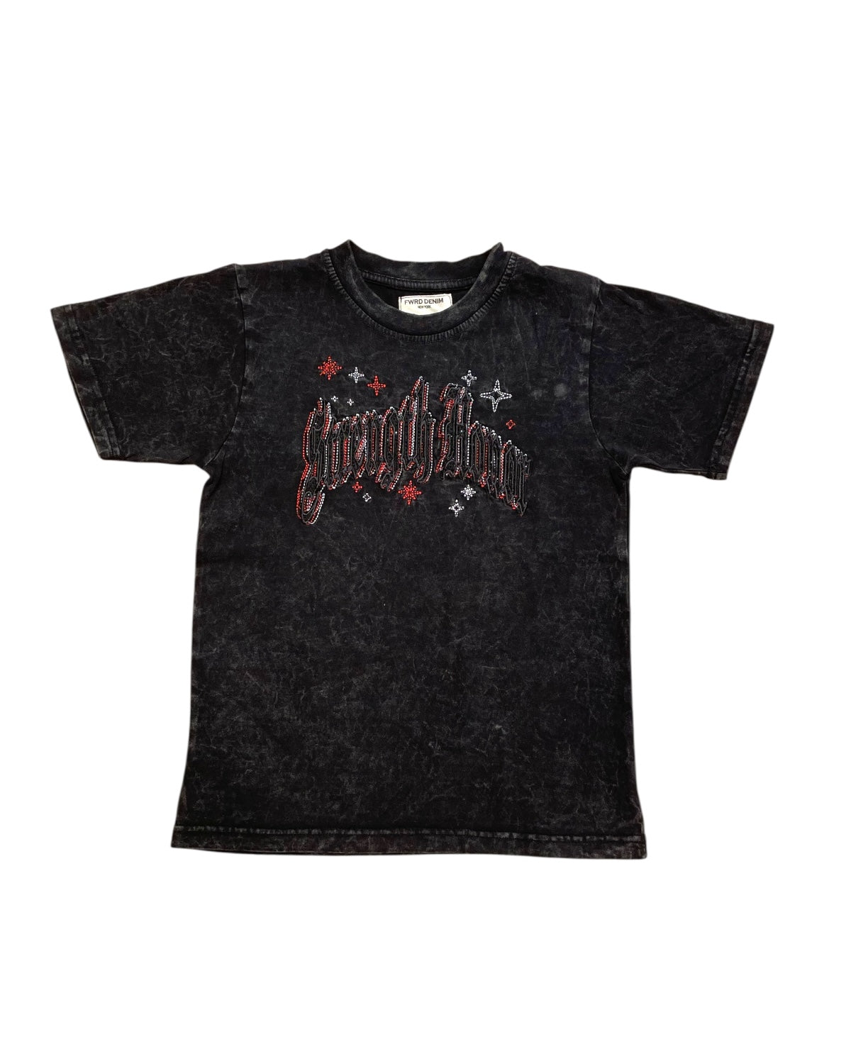 Black t-shirt with graphic design on a white background