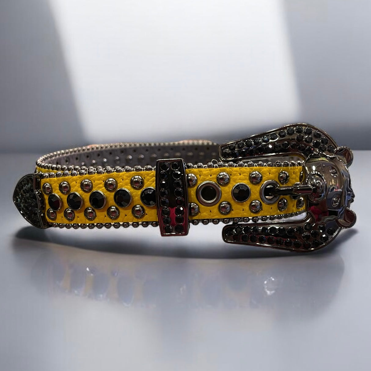 kids yellow leather belt with black rhinestones