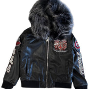 Black leather jacket with fur hood and embroidered details on a white background