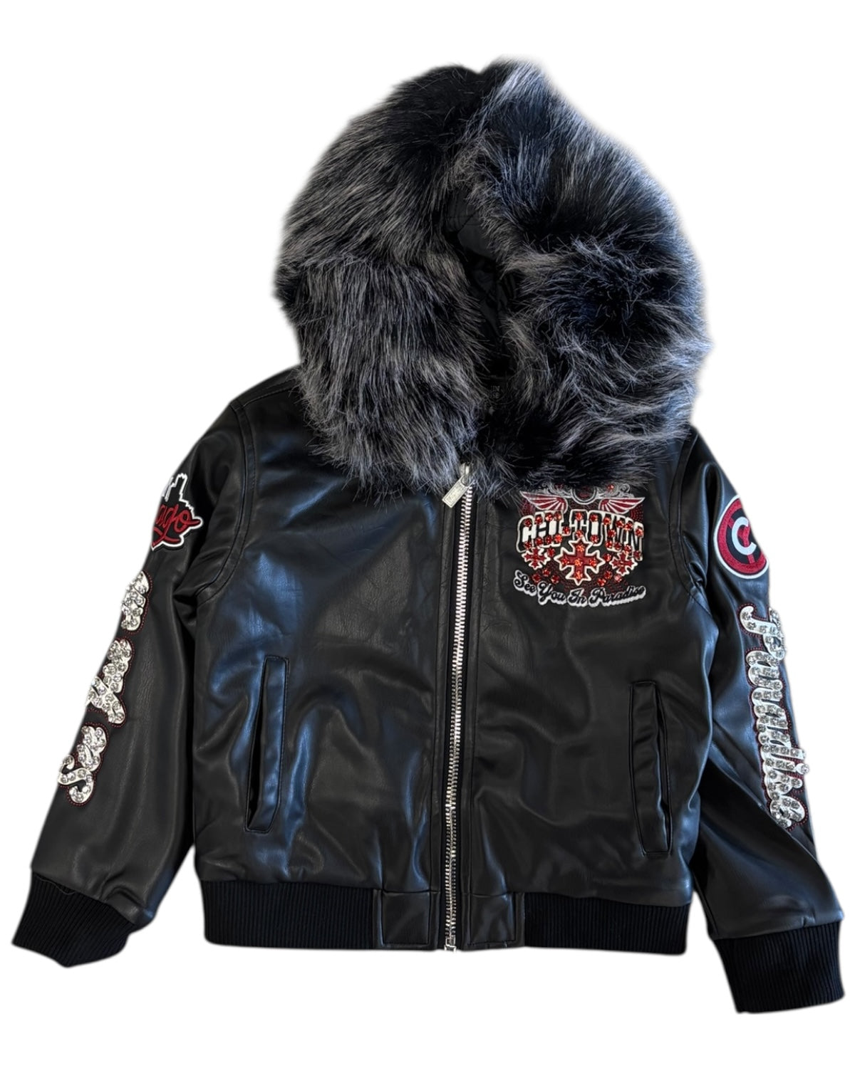 Black leather jacket with fur hood and embroidered details on a white background