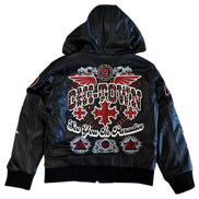 Black leather jacket with red and white designs on the back, featuring text and graphics.
