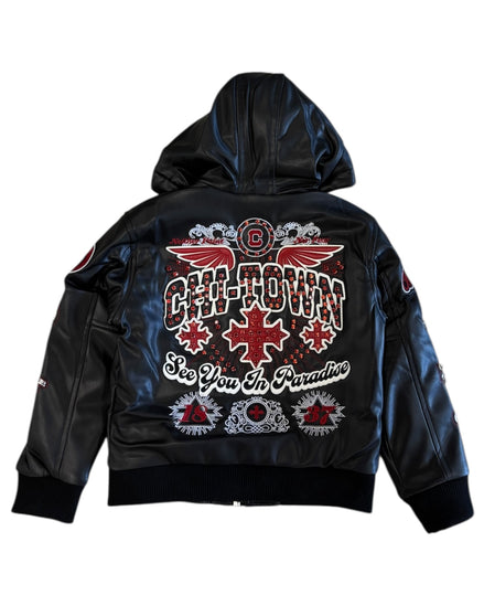 Black leather jacket with red and white designs on the back, featuring text and graphics.