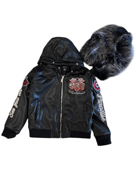 Black leather jacket with fur hood and embroidered designs on a white background