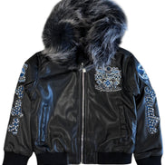 Black bomber jacket with fur hood and gemstone embellishments on a white background