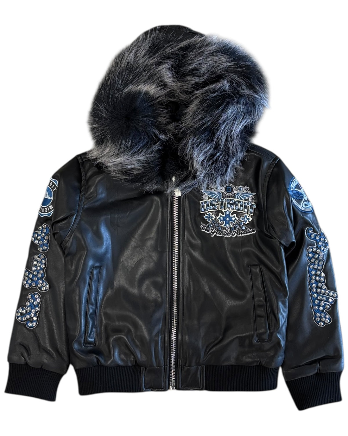Black bomber jacket with fur hood and gemstone embellishments on a white background