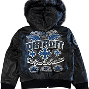 Black jacket with 'Detroit' text and graphics on a white background