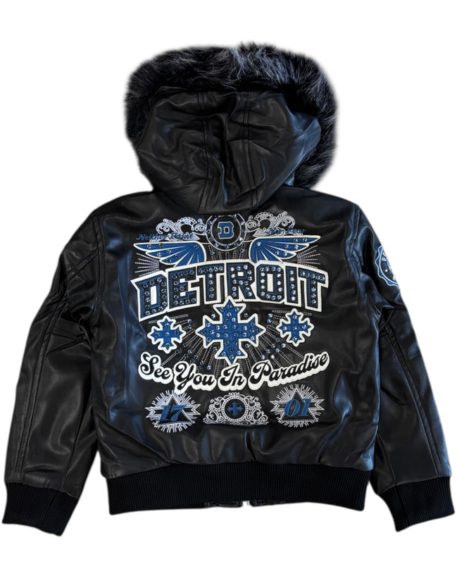 Black jacket with 'Detroit' text and graphics on a white background