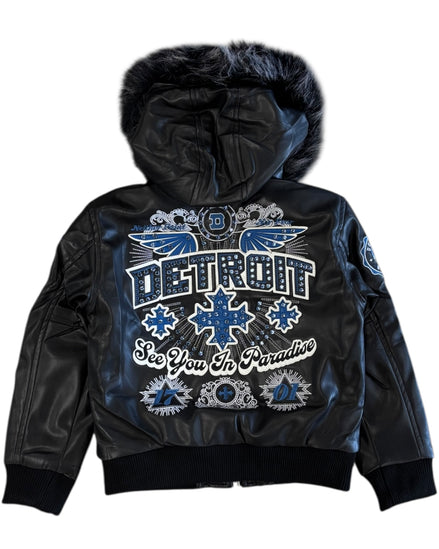 Black jacket with 'Detroit' text and graphics on a white background