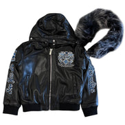 Black leather jacket with fur hood and embellishments on a white background