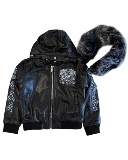 Black leather jacket with fur hood and embellishments on a white background
