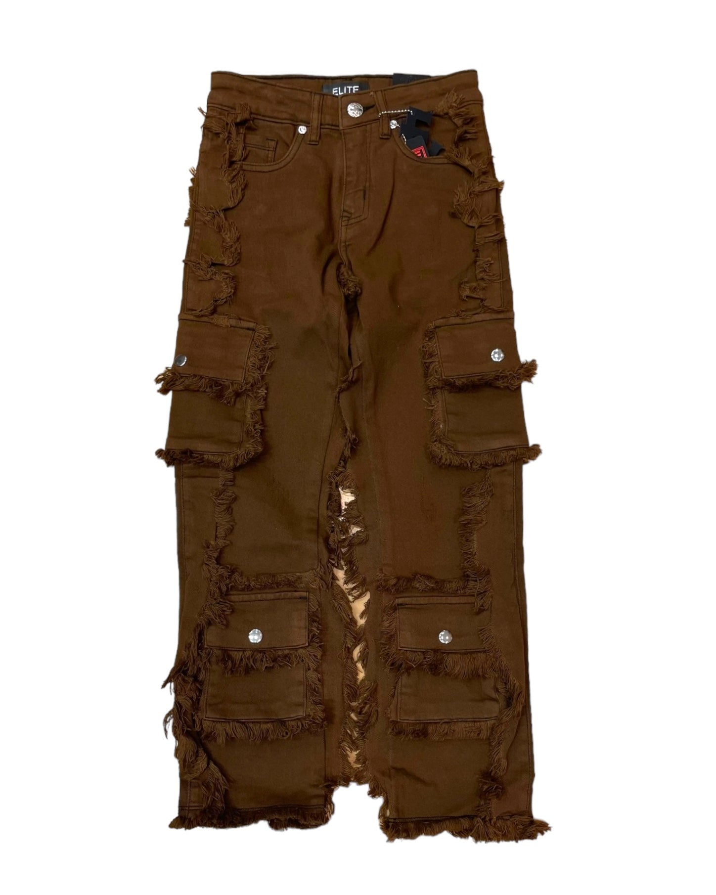 junior boys frayed cargo straight jeans in chocolate brown