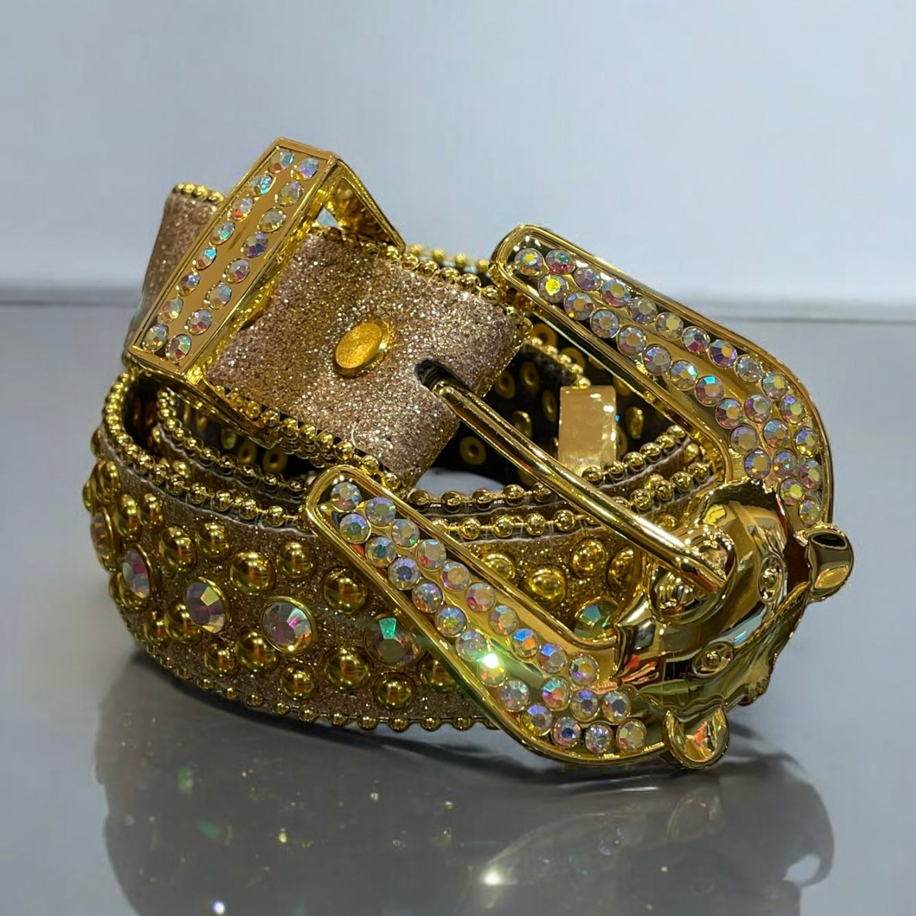 kids gold leather belt with glitter and ab crystals. 