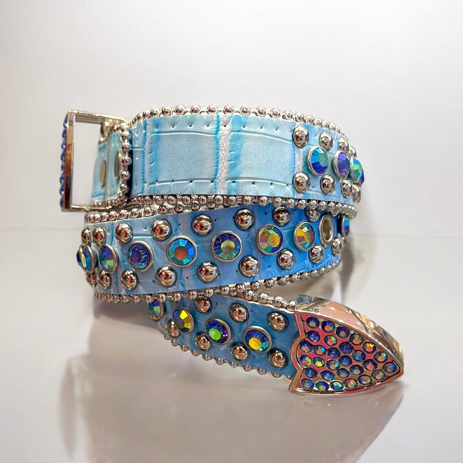 a belt of sky blue leather with AB rhinestones for kids