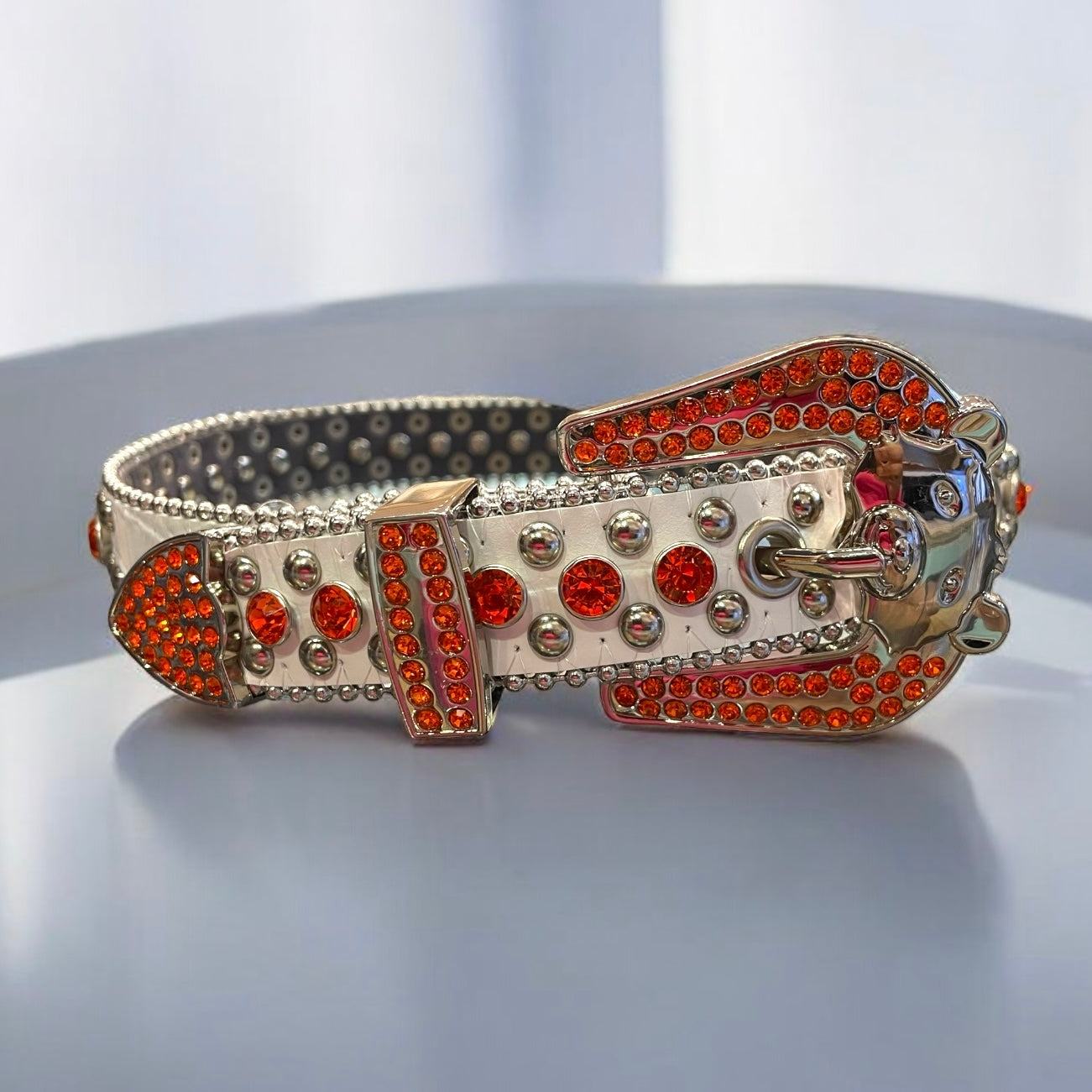 white leather belt with orange rhinestones for kids