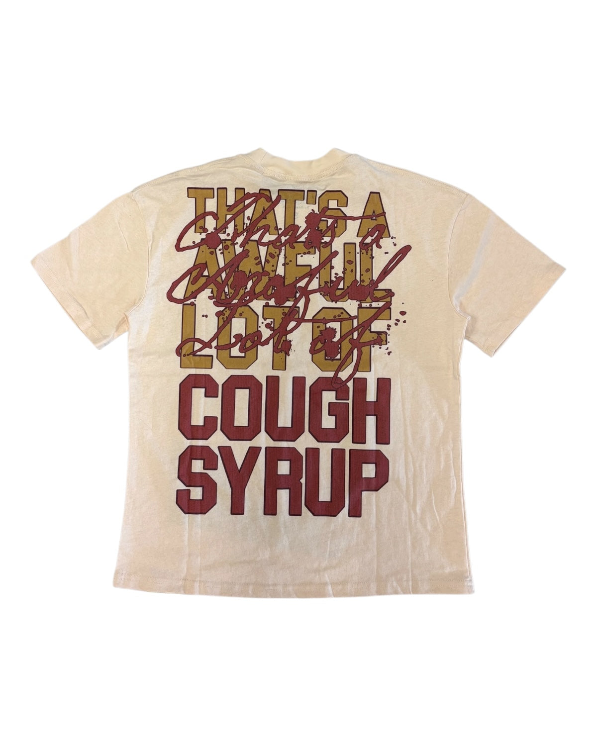 Beige t-shirt with humorous text design on a white background