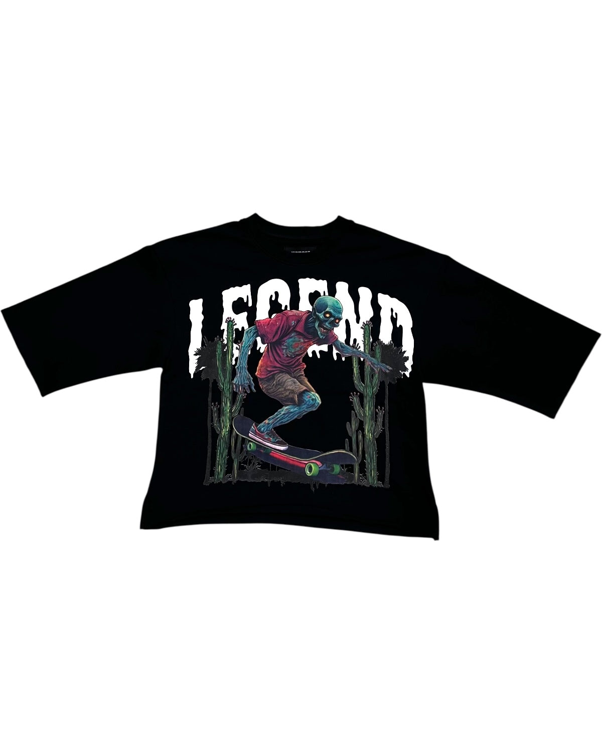 Black t-shirt with a graphic of a skeleton person on a skateboard and the word 'LEGEND' on a white background