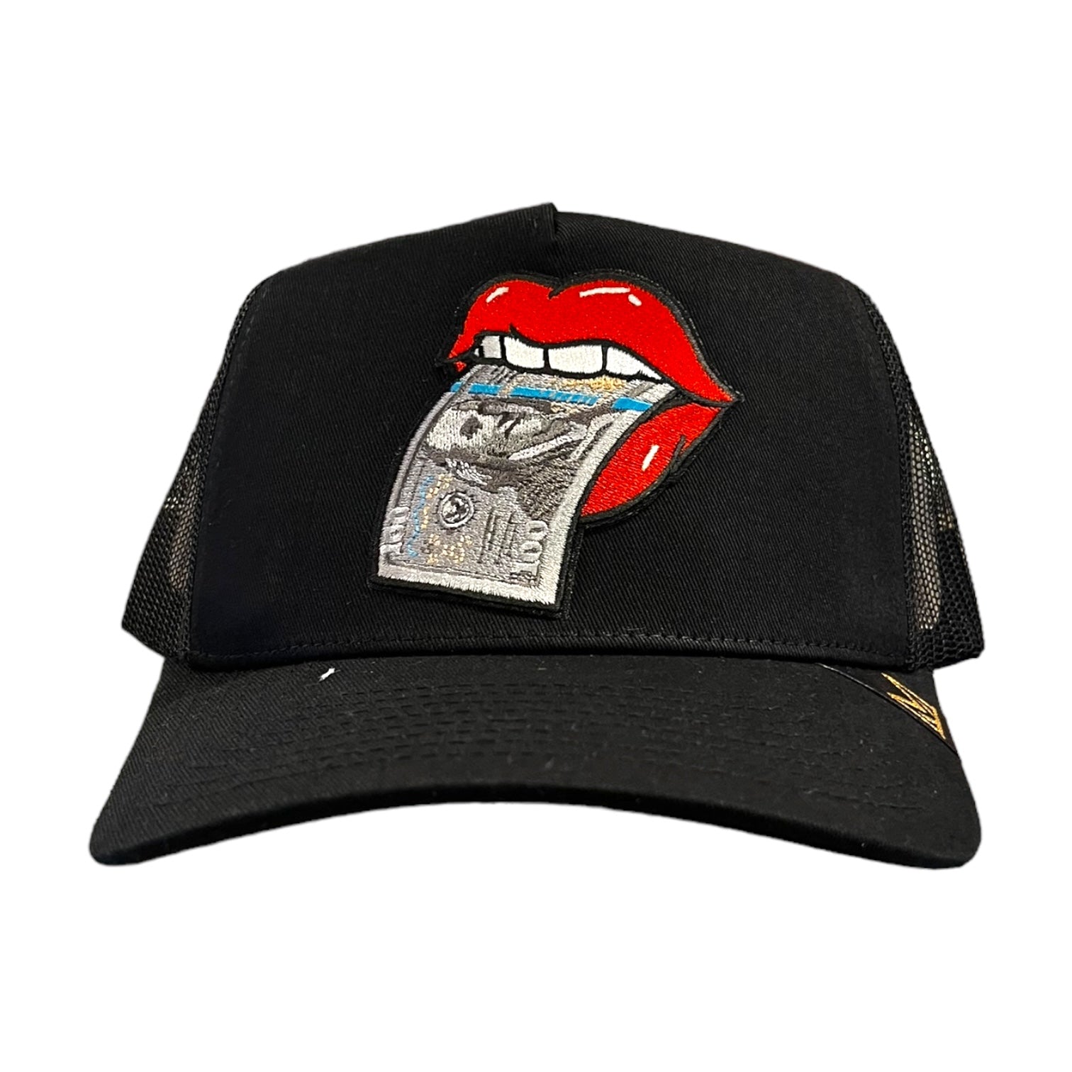 $100 lips trucker hat in black 