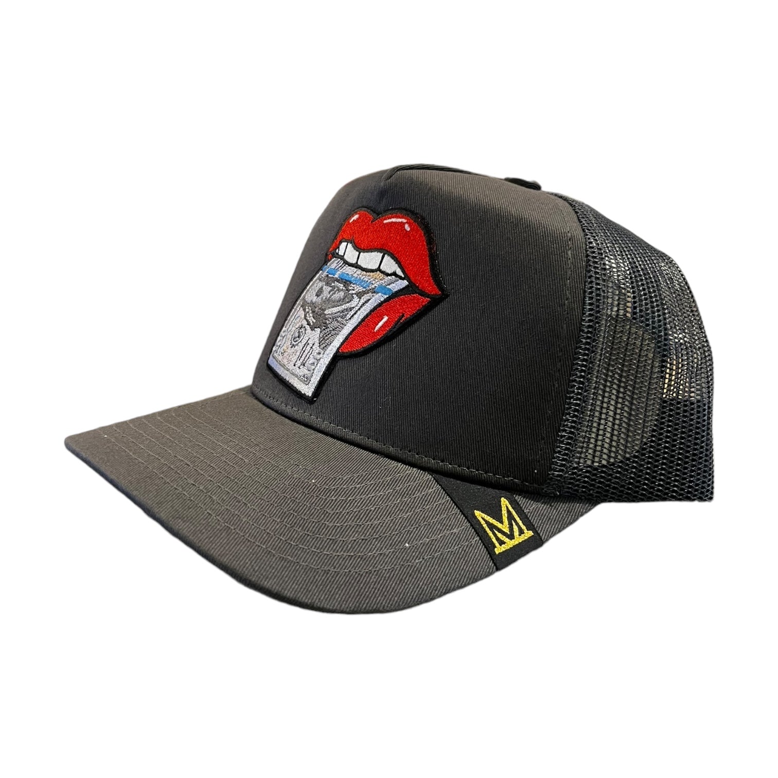 $100 lips trucker hat in grey