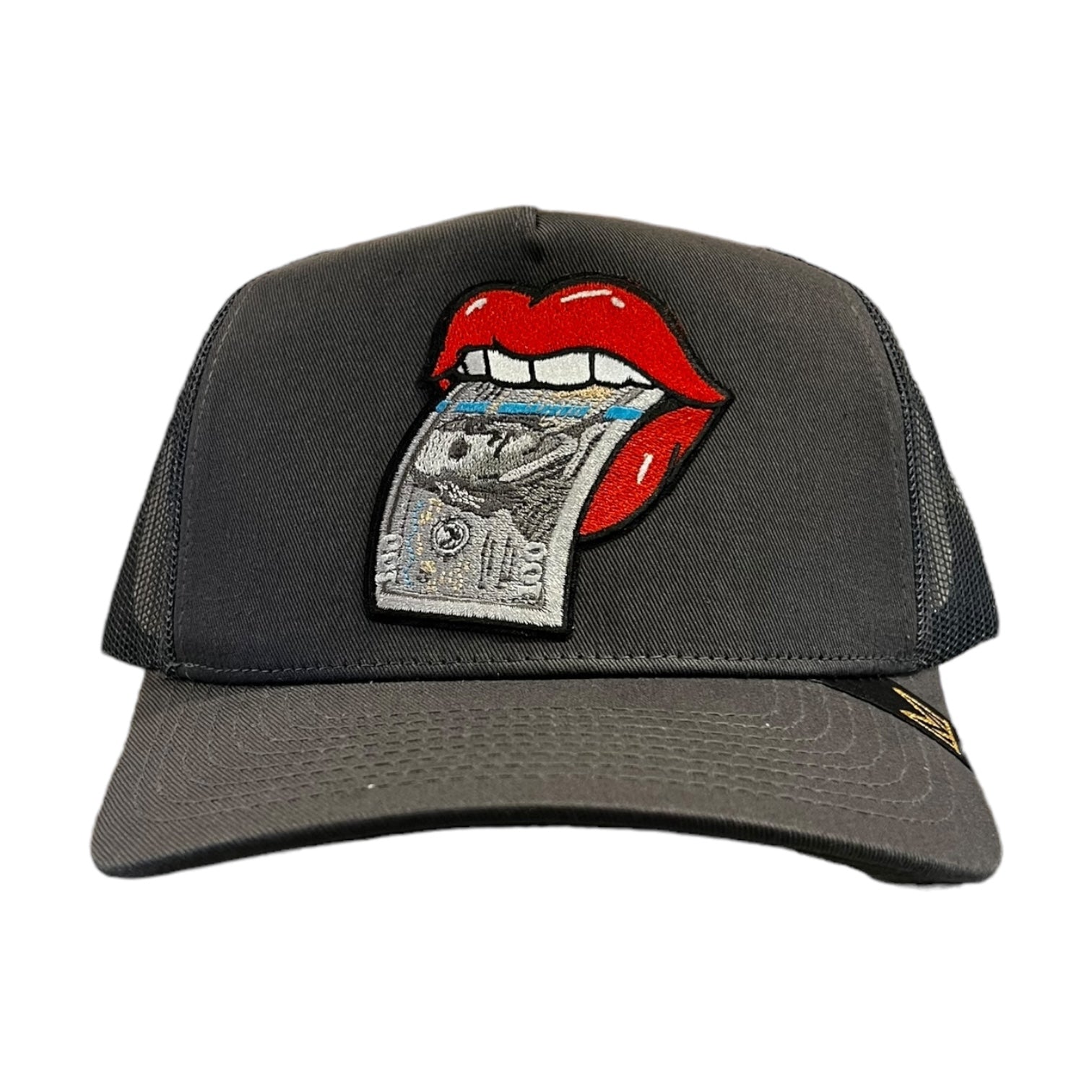 $100 lips trucker hat grey