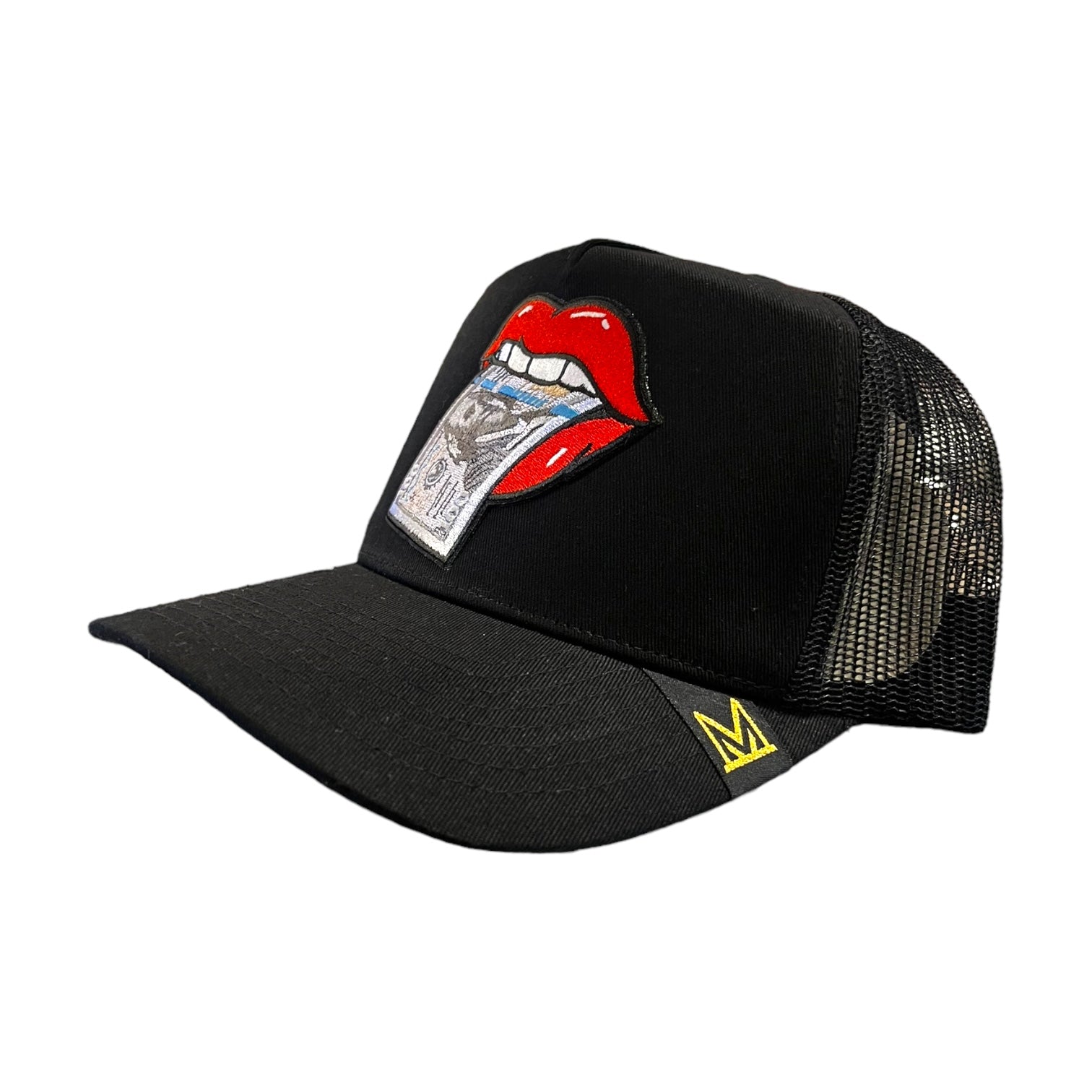 $100 lips trucker hat in black 