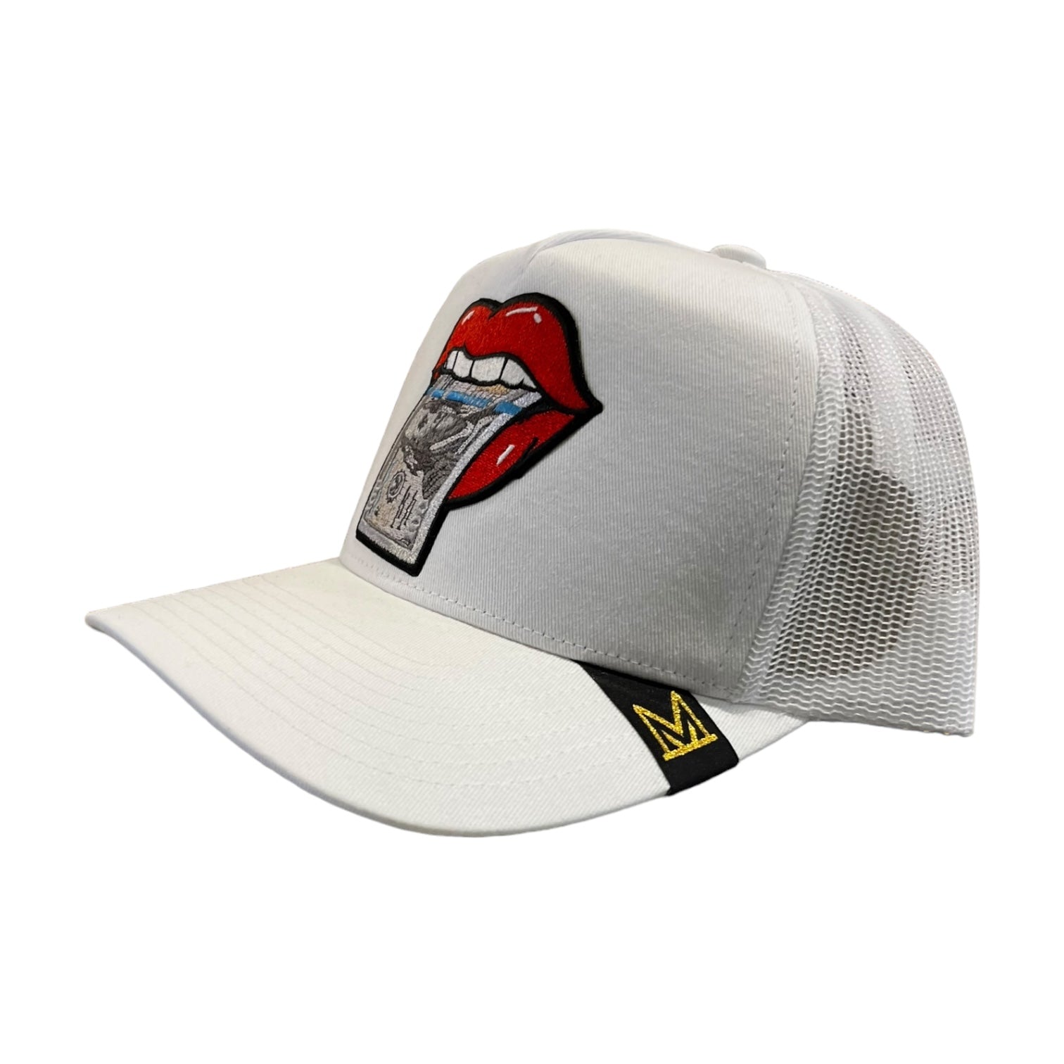 $100 lips trucker hat in white