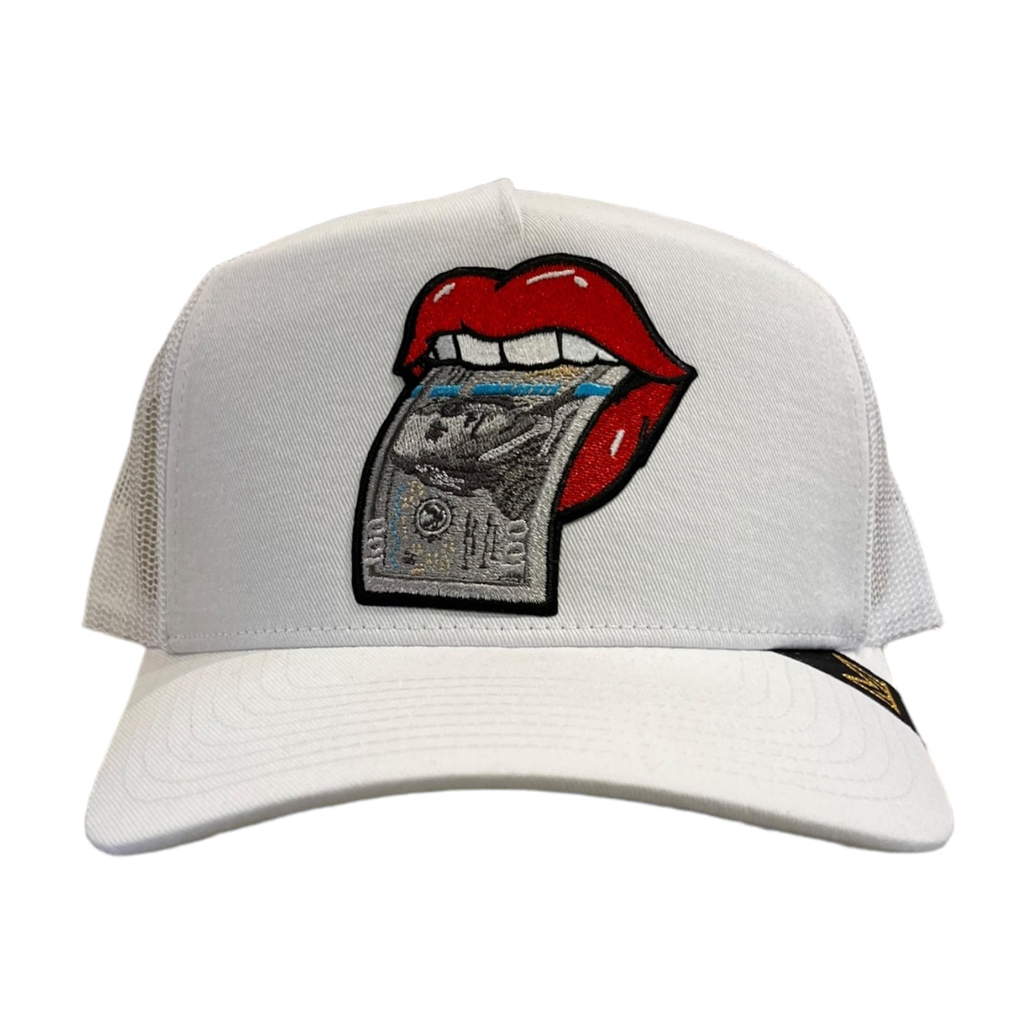 $100 lips trucker hat in white 