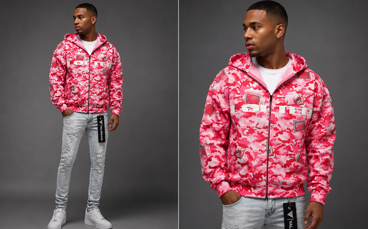 Man wearing a pink camouflage jacket with brand logos on a gray background