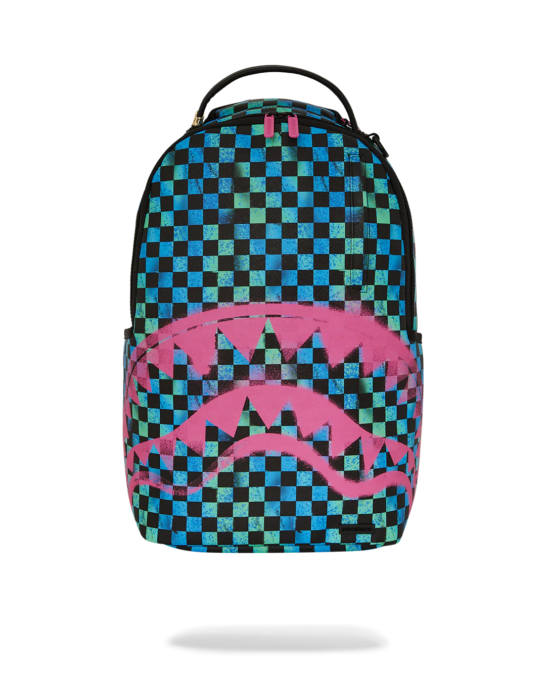 Sprayground Backpack with a neon color checkered pattern and pink shark mouth design on a white background