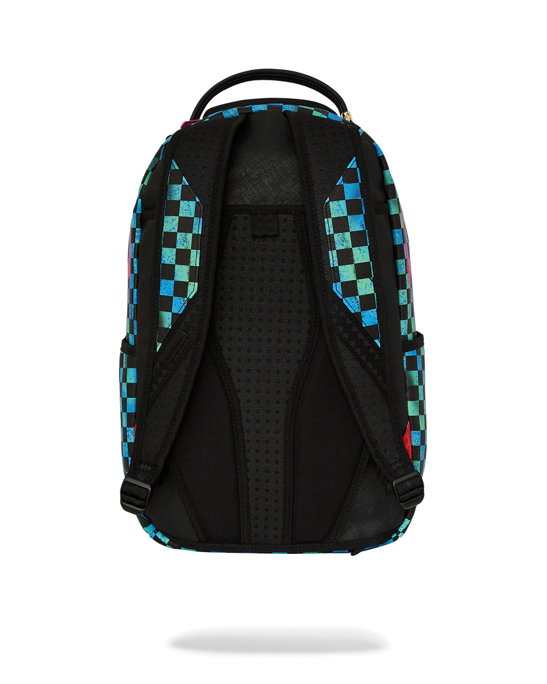 Sprayground Backpack with a neon color checkered pattern and pink shark mouth design on a white background