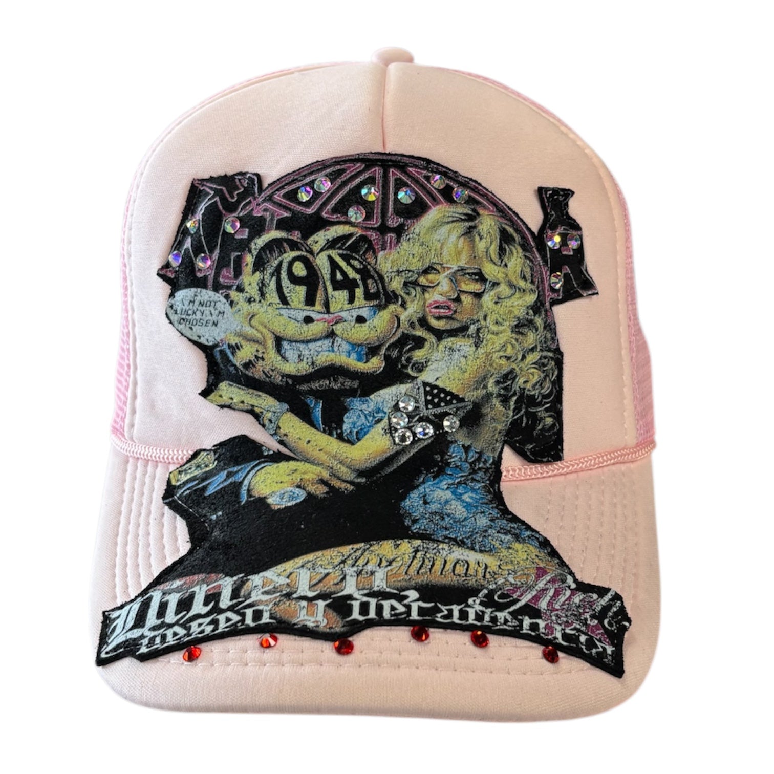 pink cap with graphic design of a woman playing guitar and text on a white background