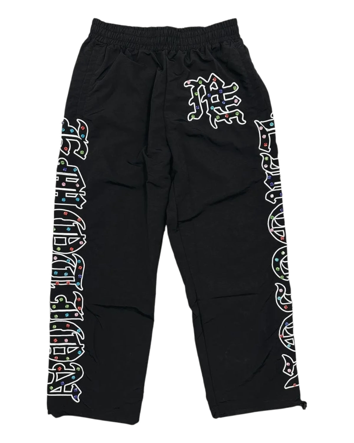Black cargo pants with white graphic designs on a white background
