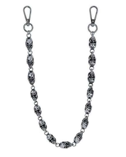 Silver chain with skull designs on a white background