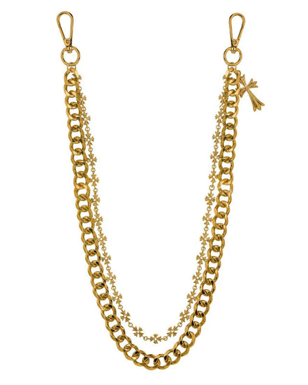 Gold chain with attached keychain on a white background