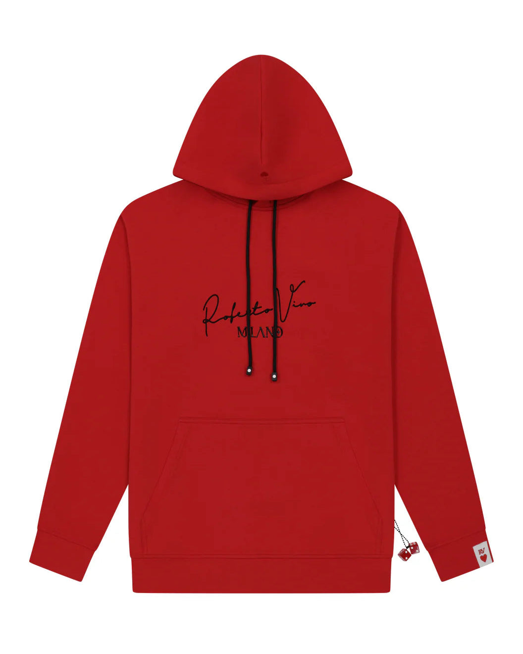 Red hoodie with black text on a white background