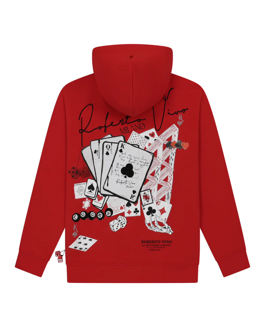 Red hoodie with playing card design and text on a white background