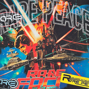 Vintage-style poster with space-themed elements and text, resembling a movie or album cover.