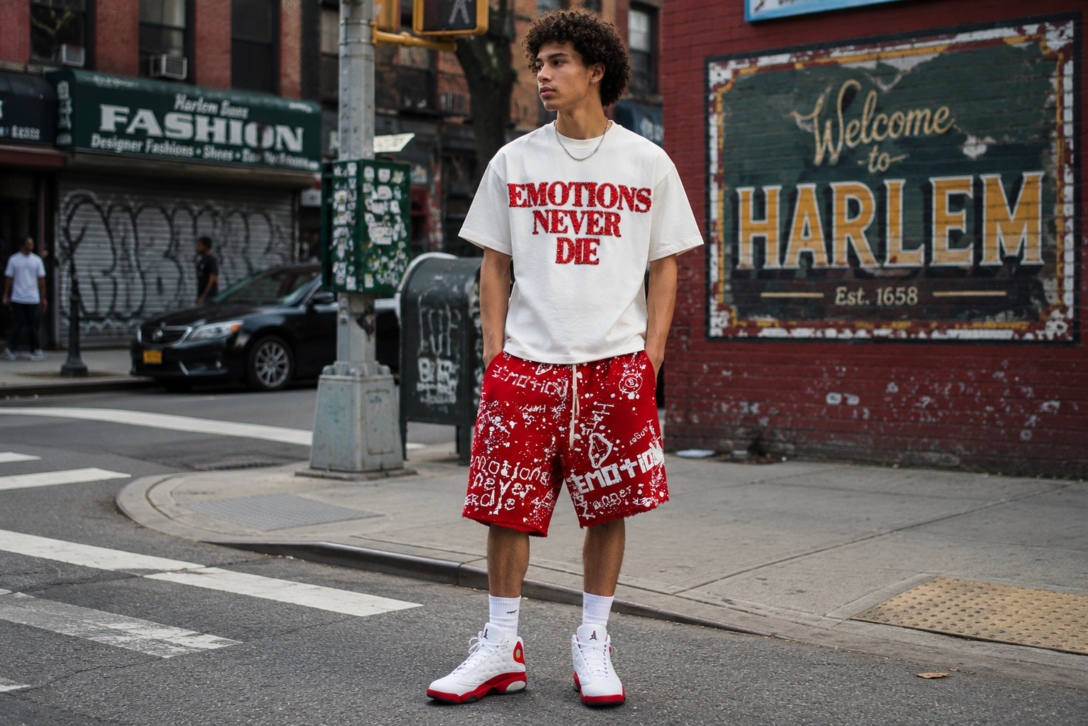 Person wearing a white t-shirt with red text and red shorts standing on a street corner in Harlem.