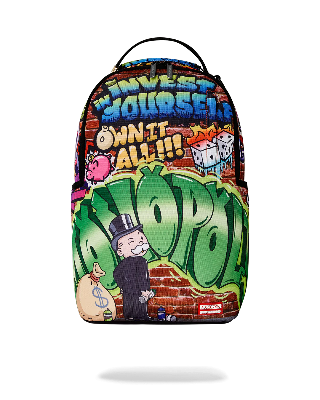 Backpack with Monopoly-themed design featuring colorful graphics and text.