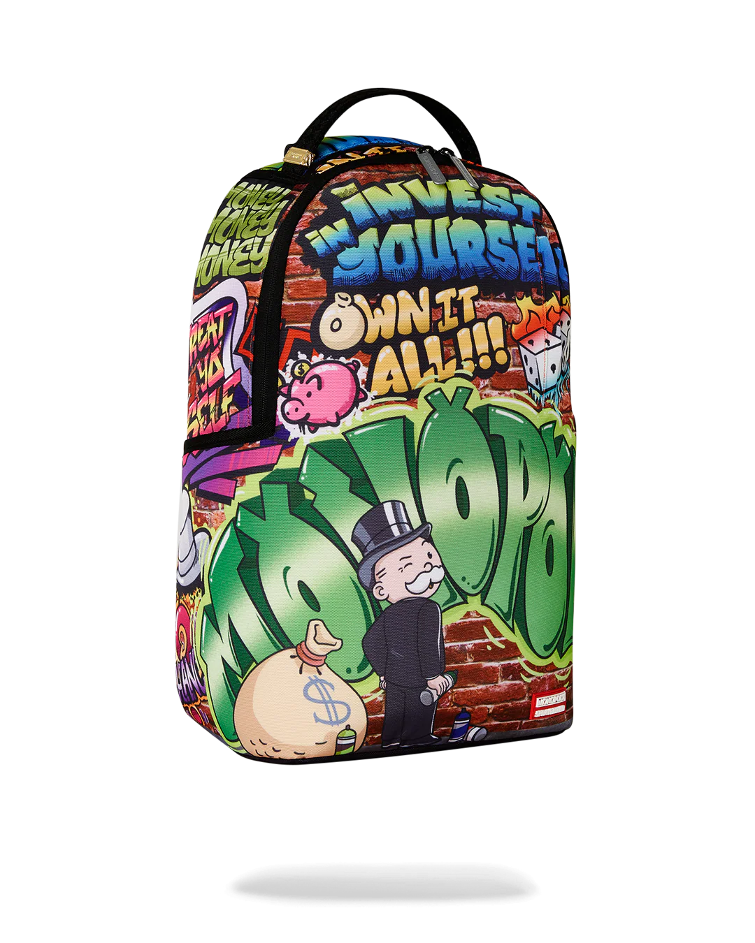 Backpack with Monopoly-themed design featuring colorful graphics and text.