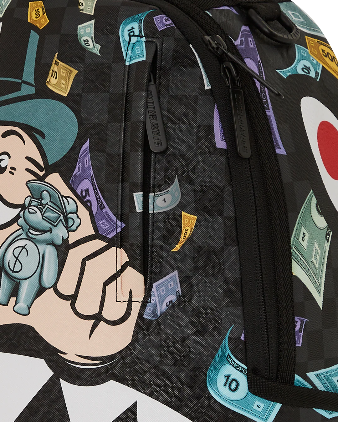 sprayground backpack featuring the monopoly man and the game pieces on a white background