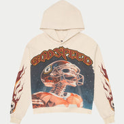 Beige hoodie with graphic design and 'Godspeed' text on a white background