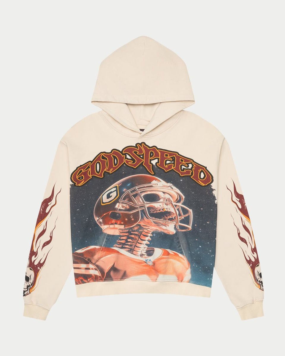 Beige hoodie with graphic design and 'Godspeed' text on a white background