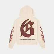 Beige hoodie with a large brown logo on the back against a white background