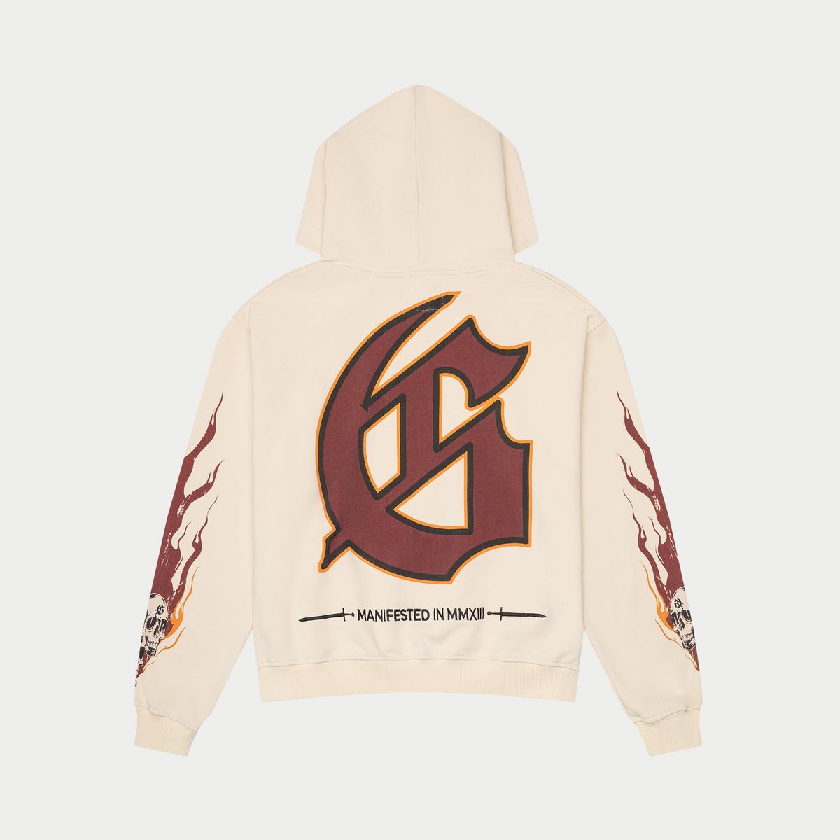 Beige hoodie with a large brown logo on the back against a white background