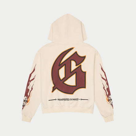 Beige hoodie with a large brown logo on the back against a white background